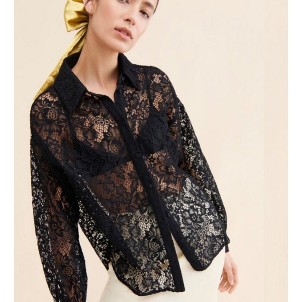 Cras Gina Lace Shirt Black Sheer Floral Lace Button Front Blouse EU 40